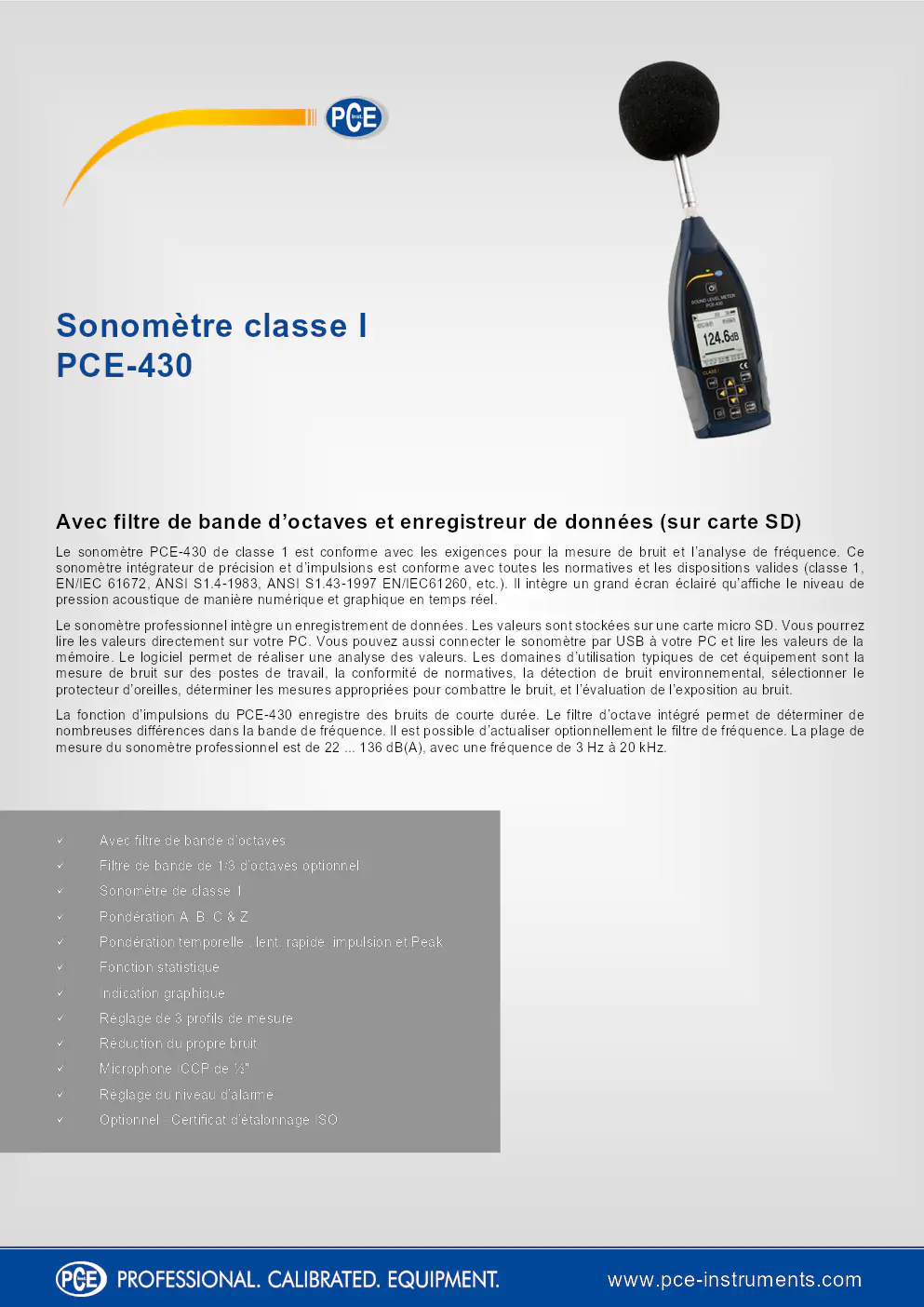 Image du document pdf : manuel du sonomètre classe I PCE-430  