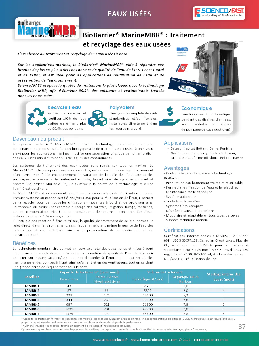 Image du document pdf : brochure du système de traitement et recyclage des eaux usées BioBarrier MarineMBR  