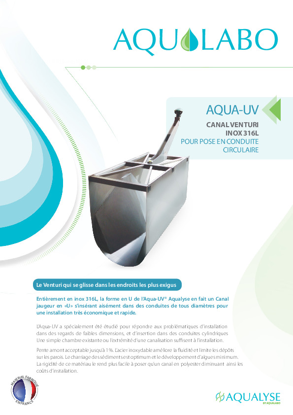 Image du document pdf : Fiche technique Canal Inox316L mesure débit AQUA UV  