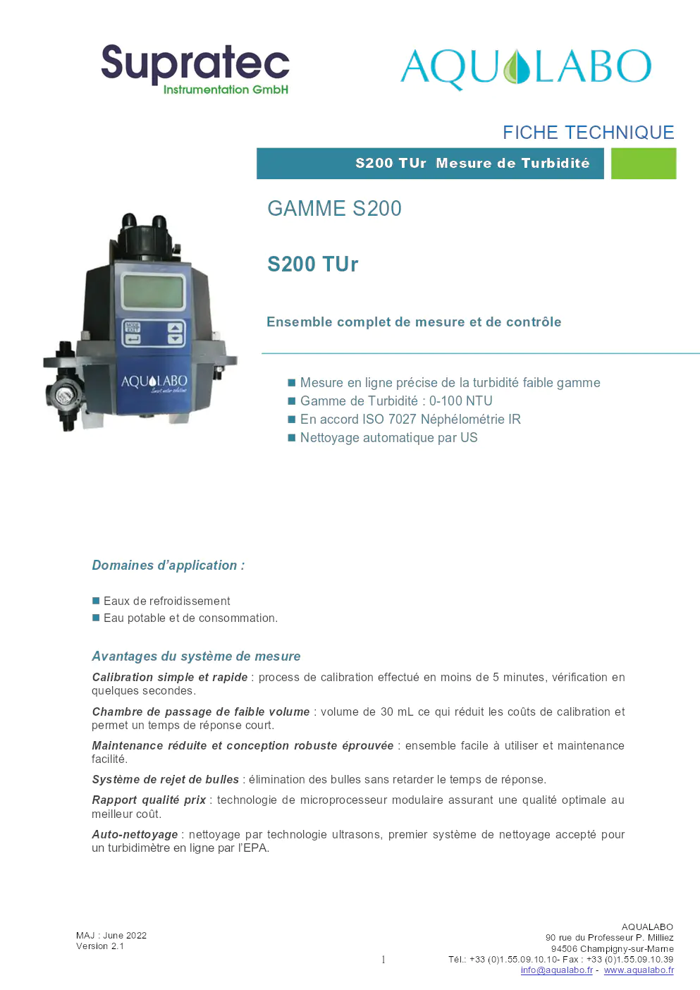 Image du document pdf : fiche technique du produit s200 tur pour mesure de turbidité  