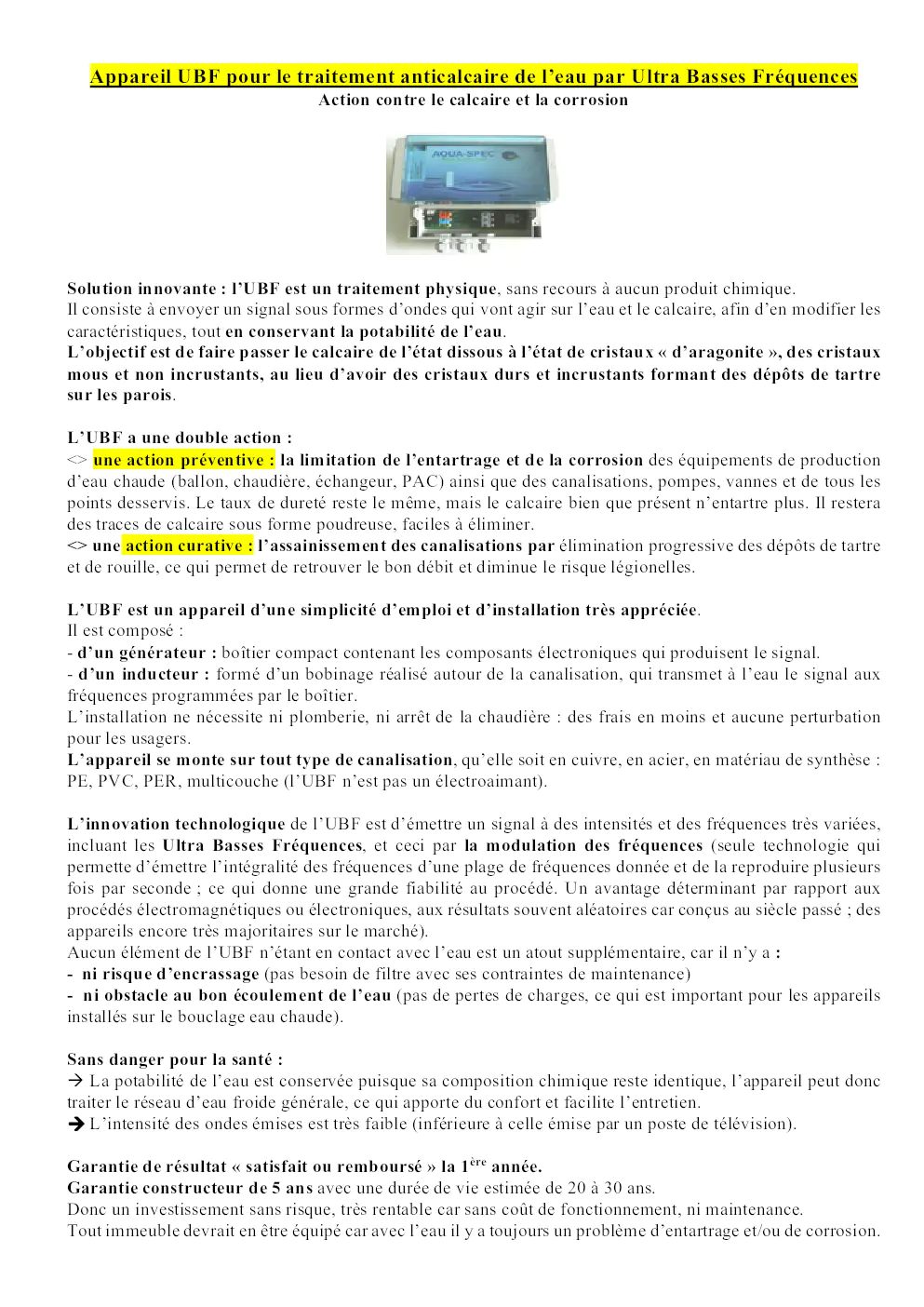 Image du document pdf : Brochure du Système Anticalcaire UBF à Ultra Basses Fréquences  