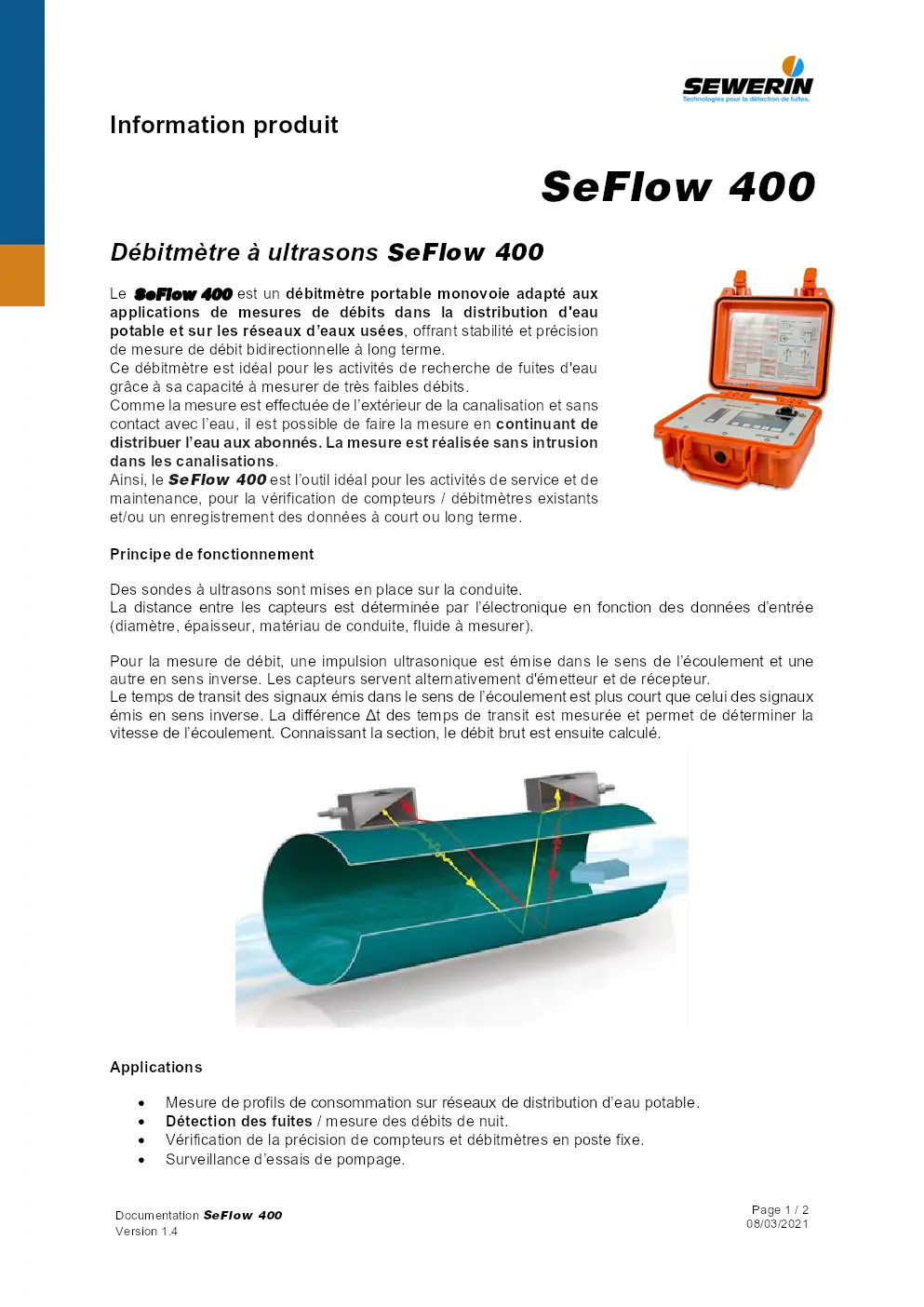 Image du document pdf : documentation du débitmètre à ultrasons seflow 400  