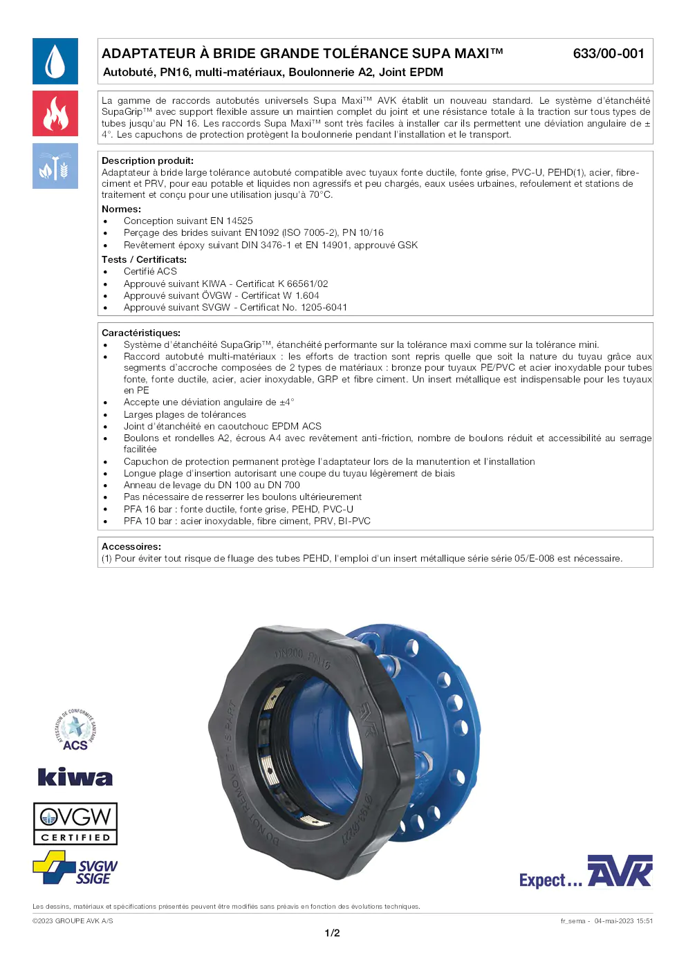 Image du document pdf : FT_Adaptateur à bride Supa Maxi_633-00-001_AVK010_FR  