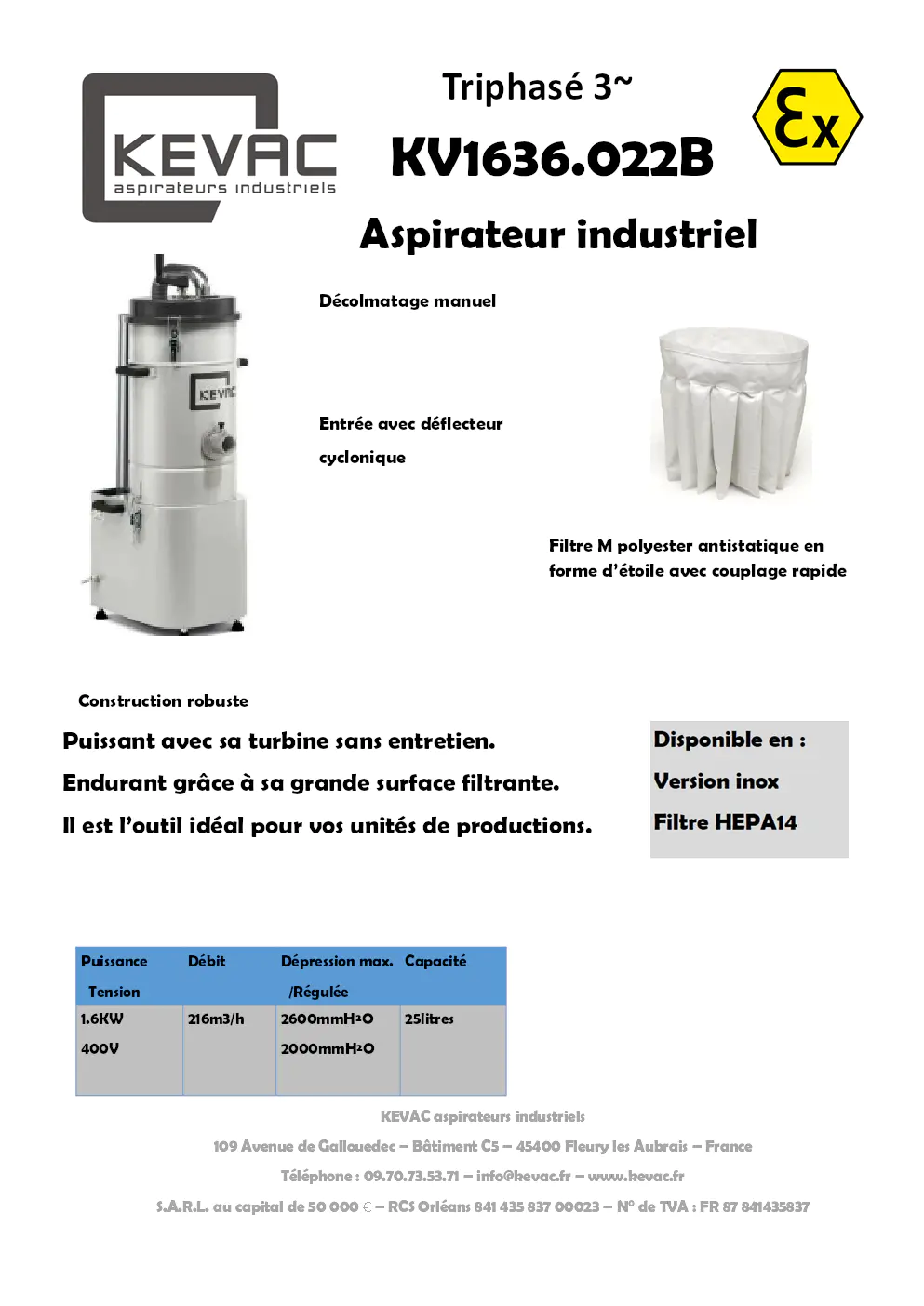 Image du document pdf : brochure aspirateur industriel triphasé kv1636.022b kevac  